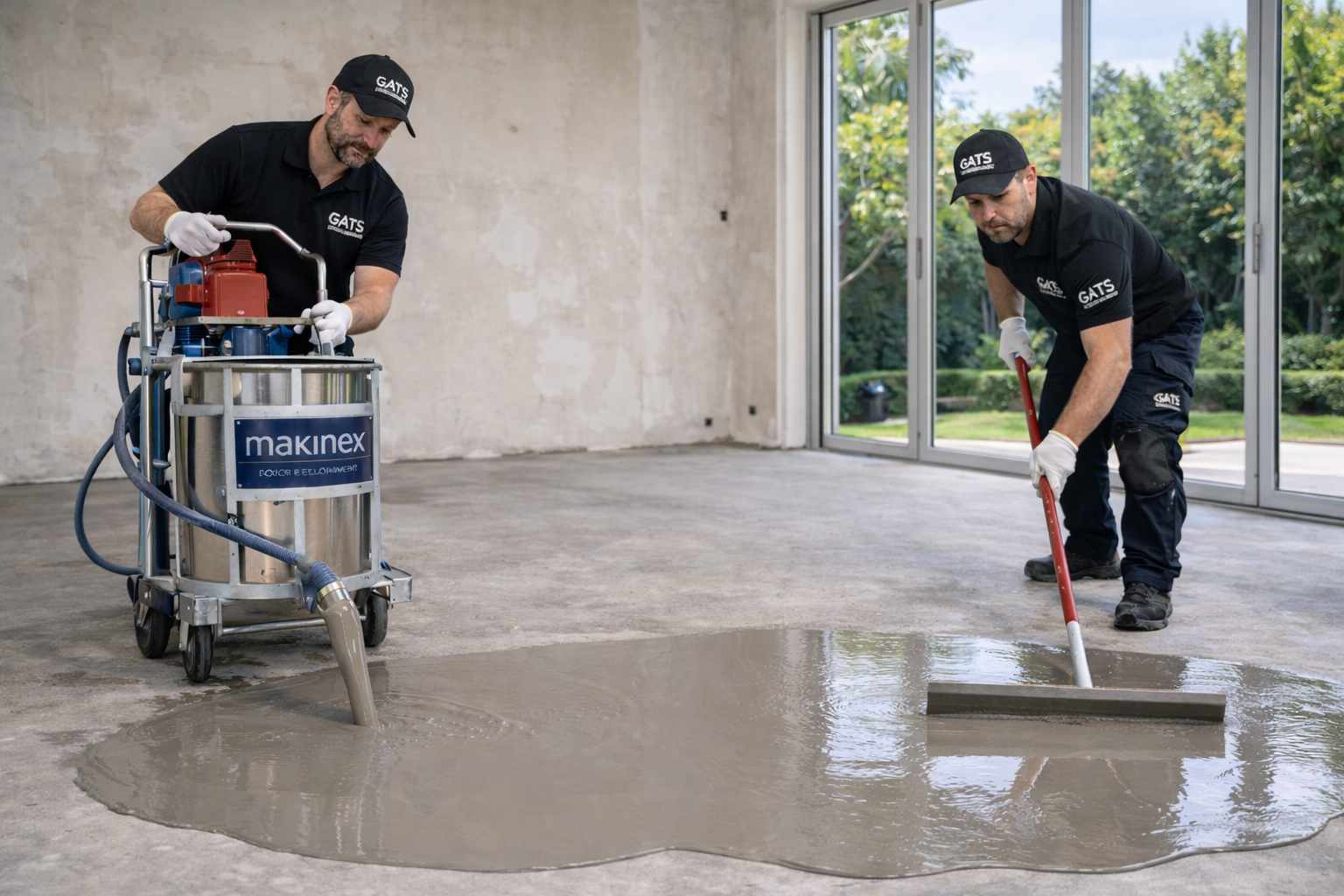 Workers with Makinex mixer pouring levelling compound